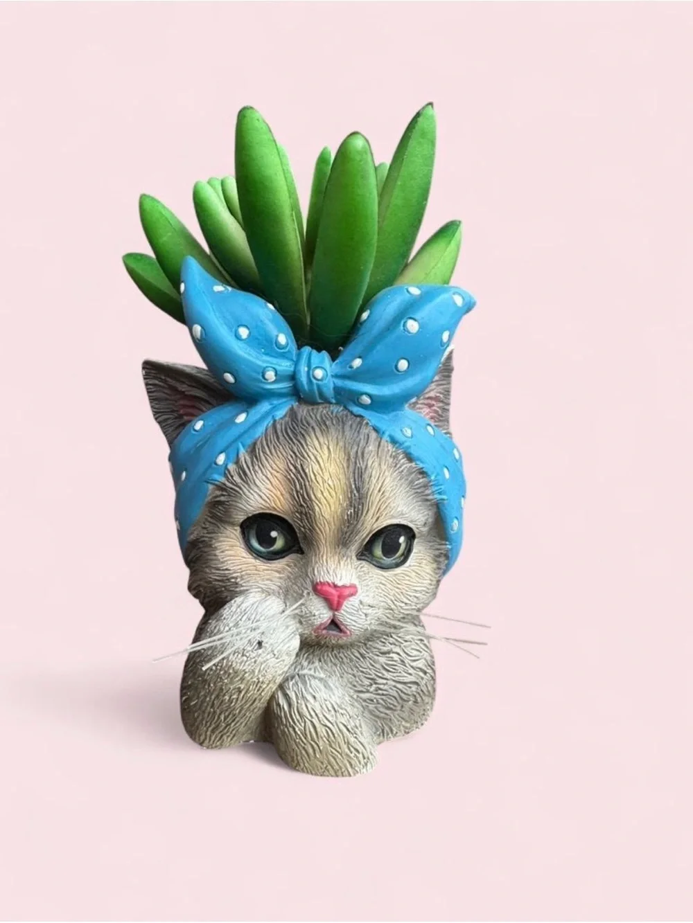 The Bradford Exchange Gray Cat Planter with Blue Polka Dot Headband